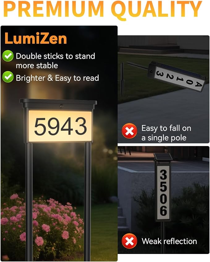 LumiZen New Upgraded Solar Address Sign,Double Sided Glow House Numbers with Auto On/Off, 3-Color Lighting Modes Mailbox Number Plaque Waterproof, Dual Stakes for Home Yard Driveway