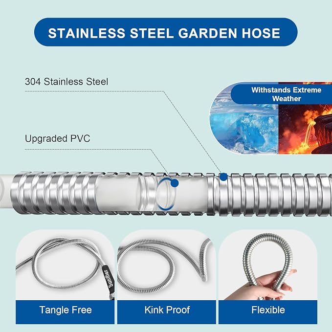 Metal Garden Hose 50 Ft With Hose Nozzle, Flexible Stainless Steel Garden Hose 50 Ft, Heavy Duty Water Hose for Outdoor Garden Watering Washing (50FT)