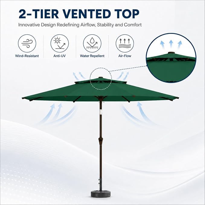 10FT Patio Umbrella, 2 Tier Outdoor Table Umbrella, Large Vented Market Umbrellas with Push Button Tilt and Crank, 8 Sturdy Ribs for Backyard, Deck, Pool, UPF50+ UV Protection