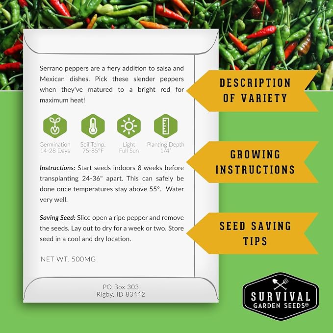 Pepper Seeds for Planting - 12 Variety Pack | Jalapeño, Serrano, Cayenne, Bell, Habanero, Anaheim & More – Hot & Sweet Heirloom, Non-GMO Pepper Seed Varieties – Survival Garden Seeds