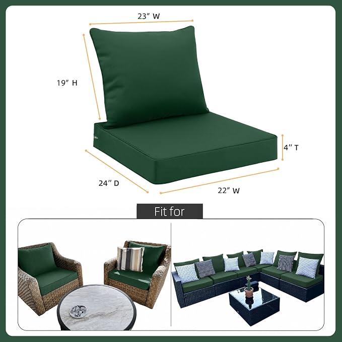 Favoyard Outdoor Patio Seat Cushion Set, 22x24 Inch, Water & Fade Resistant | Removable Cover Patio Furniture Cushion, Deep Seat & Back Cushion, Tie Straps Pads for Chair, Sofa, Couch, Dark Green