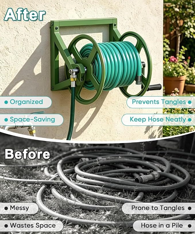 Artigarden Garden Hose Reel Wall Mounted, Outdoor Heavy Duty Powder Coated Metal Water Hoses Holder Winder Holds 125 ft 5/8" Hoses with 3.9ft Leader Hose, Stainless Steel Connector for Outside, Green