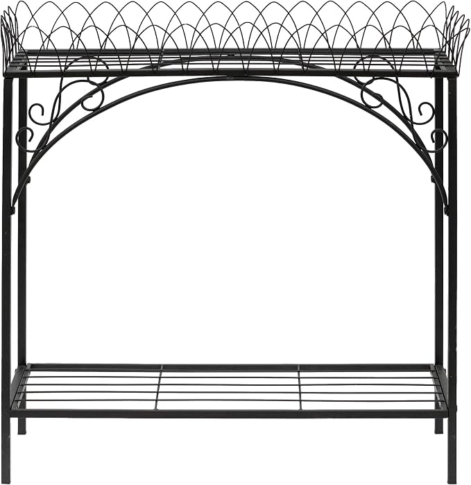 Black Long Double-Layer Plant Shelf, French Courtyard Style Metal Stand for Tall Potted Plants, Sturdy Indoor Outdoor Planter Holder Garden Decor