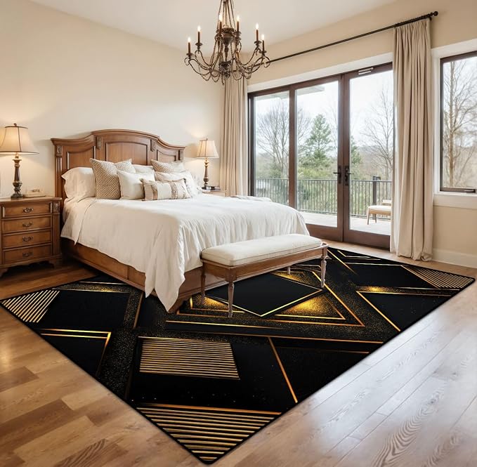 9x12 Area Rugs for Living Room Black Gold Geometric Stripe Decorative Repeated Patterns Radiating Washable Large Area Rug for Bedroom Non Slip Outdoor Carpets Soft Mats Kitchen Home Office Decor