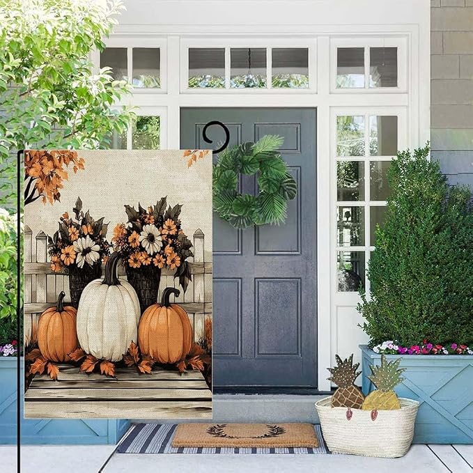 EMMTEEY Sunflower Garden Flag Fall Pumpkins 12.5X18 Double-Sided, Seasonal Yard Flags White Orange Small Burlap Garden Flags for Outside Front/Back Door