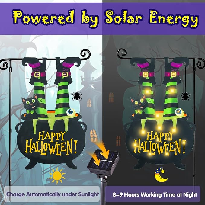 Halloween Lighted Garden Flag for Outside, Led Solar Yard Flag 8 Modes Witch Feet Shape Flag, 28x40 Double Sided Cauldron Eyeball Black Cat Decorations for Home Porch