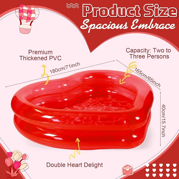 Skylety 70.9" x 65" x 15.8" Giant Heart Inflatable Swimming Pool, Year-Round Fun for Ball Pits, Fits 2-3 Adults with Patches, Swimming Pools, a Summer Pool Party and The Beach Date Night(Red)