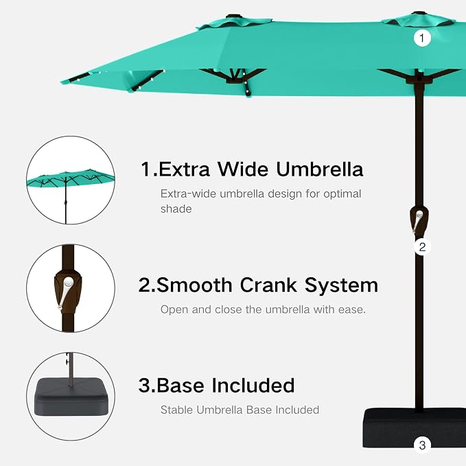 Kingdura 15ft Large Patio Umbrella with Solar Lights, Double-Sided Rectangle Outdoor Table Umbrella with Base Included, 12 Reinforced Ribs, 48 Led Lights, Crank Lift for Market Pool Deck, Tiffany blue