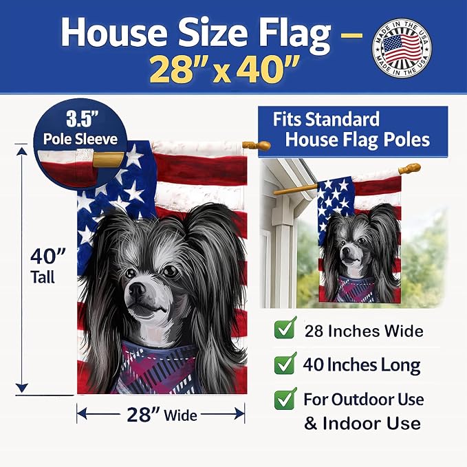 Caroline's Treasures CK6487CHF Chinese Crested Dog American Flag House Flag Large Porch Sleeve Pole Decorative Outside Yard Banner Artwork Wall Hanging, Polyester, House Size, Multicolor