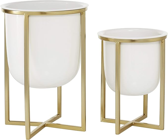 CosmoLiving by Cosmopolitan Metal Indoor Outdoor Planter Dome Small Planter Pot with Gold X-Shaped Stands, Set of 2 Planters 12", 10"H, White