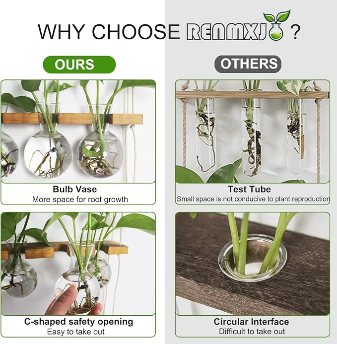 Renmxj Plant Propagation Station Wall Hanging with 2 Tiered Wooden Stand | Plant Terrarium for Hydroponics Plants, Unique Gardening Gifts for Women Mom Plants Lovers - 6 Bulb Glass Vases