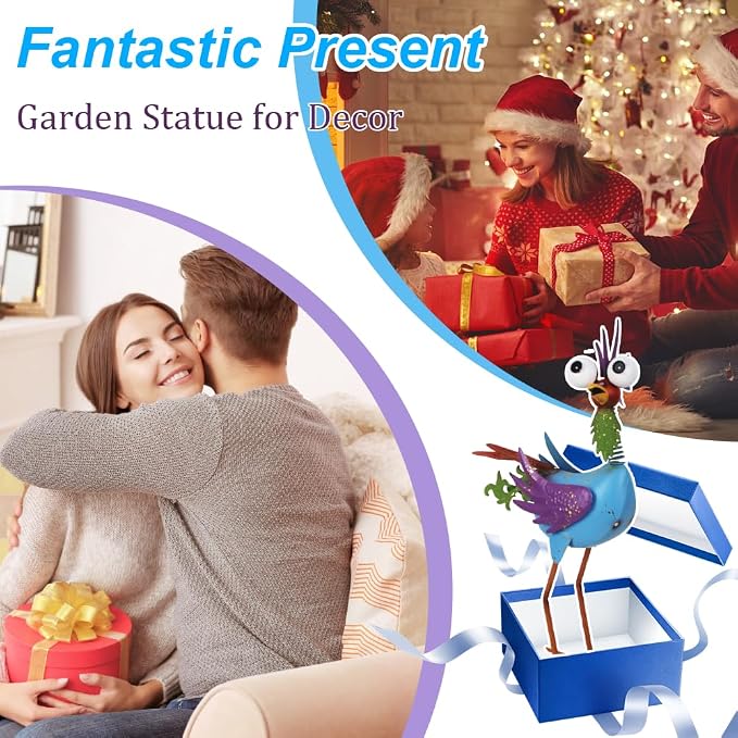 Metal Wacky Rooste Garden Statue, 17‘’ Rooster Decor Yard Statue Decorations Outdoor, Chicken Yard Art for Outside, Patio, Backyard, Lawn (Blue & Purple)