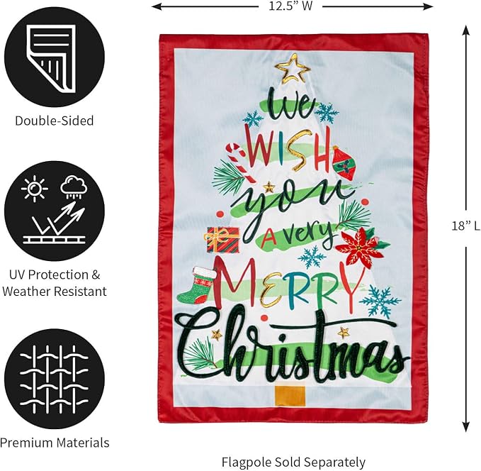 Evergreen Flag We Wish You a Merry Christmas Applique Garden Flag | 12x18 Inches Double Sided Christmas Garden Flag for Outside | Weather and Fade Resistant | Outdoor Flag Décor for Home, Yards and