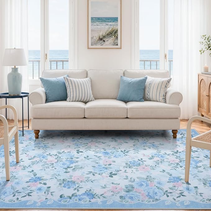 Lahome Blue Rugs for Bedroom 5x7, Low Pile Ultra-Thin Area Rug | Pet Friendly, Easy To Clean Non Slip Carpet For Bedroom, Nursery Or Cozy Corner Decor