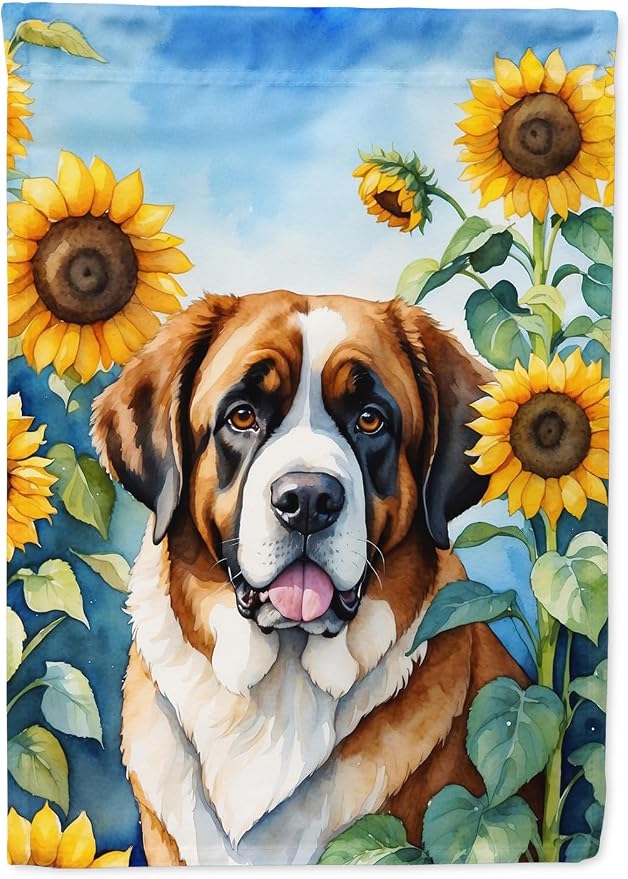 Caroline's Treasures DAC6151CHF Saint Bernard in Sunflowers House Flag Large Porch Sleeve Pole Decorative Outside Yard Banner Artwork Wall Hanging, Polyester, House Size, Multicolor