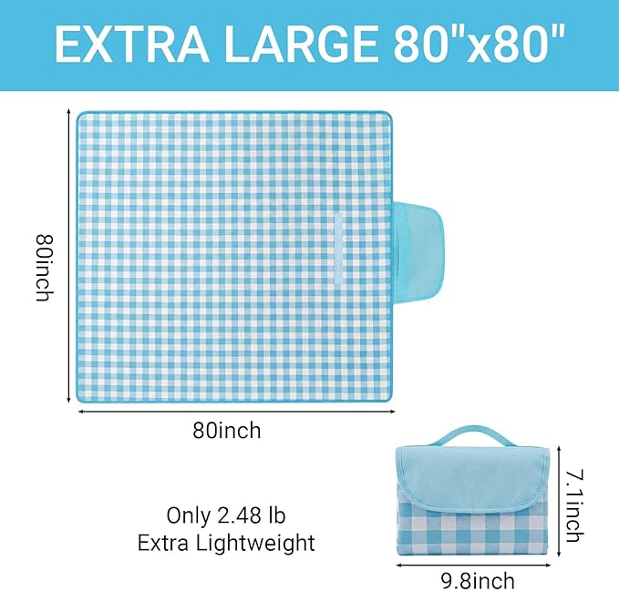Waterproof Foldable Picnic Blanket Outdoor with Carry Strap,80"x80" Extra Large Beach Blanket Sandproof,Portable Soft Gingham Picnic Mat for Camping Travel Hiking Family Concerts Park(Blue)