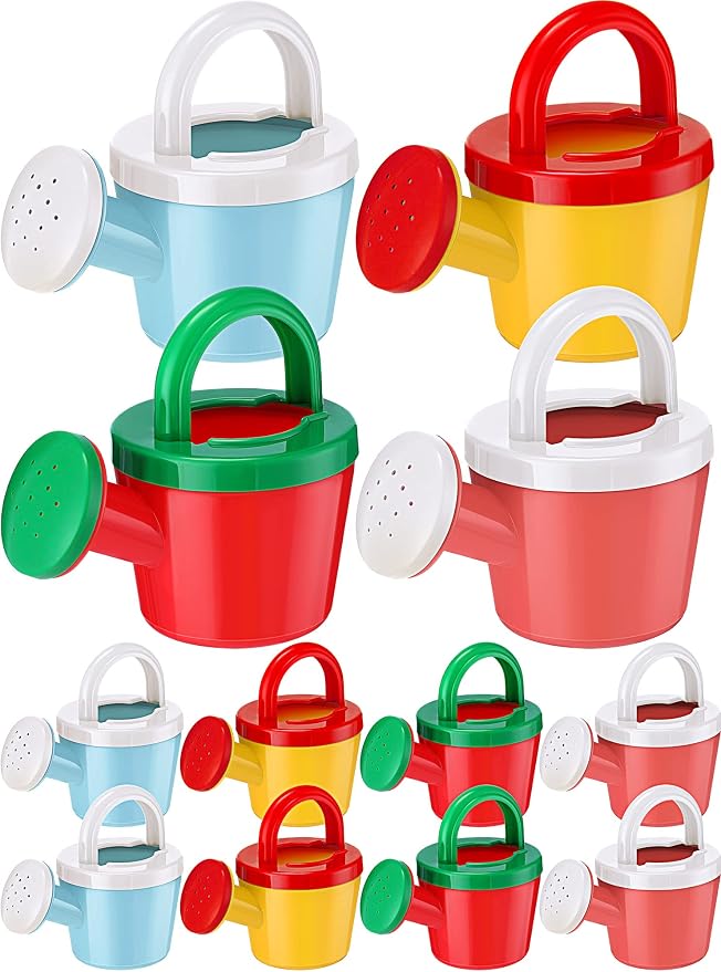 Sosation 12 Pcs Mini Kids Watering Cans, Colorful Plastic Small Watering Cans with Handle, Toddler Beach Sand Bath Shower Toy, Child Gardening Tool & Party Favor Gift(Basic Style)