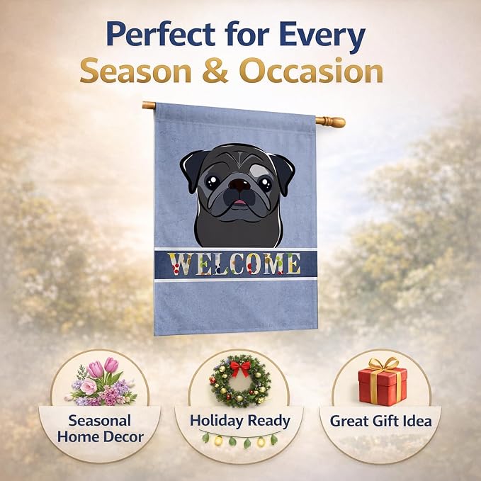 Caroline's Treasures BB1449CHF Black Pug Welcome House Flag, Blue Large Porch Sleeve Pole Decorative Outside Yard Banner Artwork Wall Hanging, Polyester, House Size, Multicolor