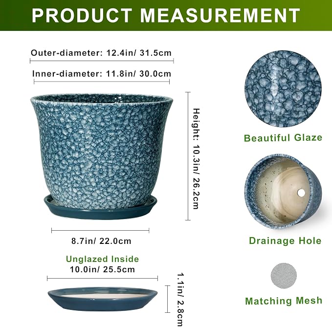 Ceramic Plant Pots - 12 Inch Pots for Plants Indoor Outdoor, Large Round Planter with Drainage Hole and Saucer, Modern Decorative Planters, Garden House Decor, House Warming Gifts, Blue