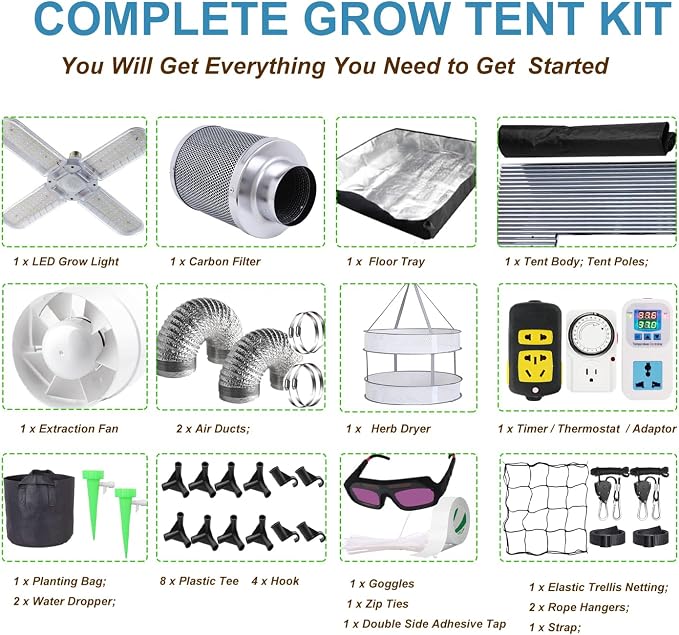 Grow Tent Kit Complete 2x2 ft High Reflective Mylar Hydroponics Indoor Plant Growing Tent with LED Grow Light Ventilaion Fan Growing System+Accesseries (24" x 24" x 55" + Carbon Filter)