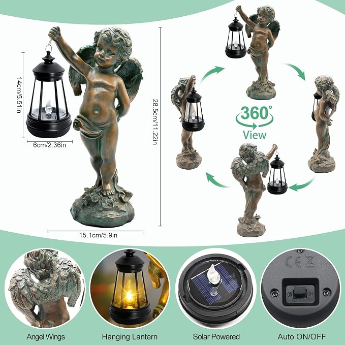 Solar Angel Garden Statues, Outdoor Angel Solar Hanging Lights Waterproof, Birthday Gifts for Mom Women Mother's Day, Cupid Boy Garden Figurines for Yard Decor Patio Porch Lawn Ornaments