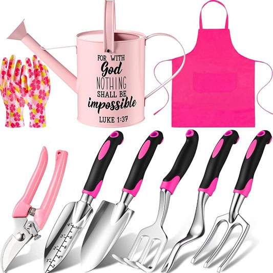 Blueweenly 9 Pcs Watering Can Garden Tools Kit with Bible Verse Christian Gardening Gifts for Women with Heavy Duty Garden Hand Tools 1.6L Galvanized Metal Can Apron Gloves for Mom Grandma(Pink)
