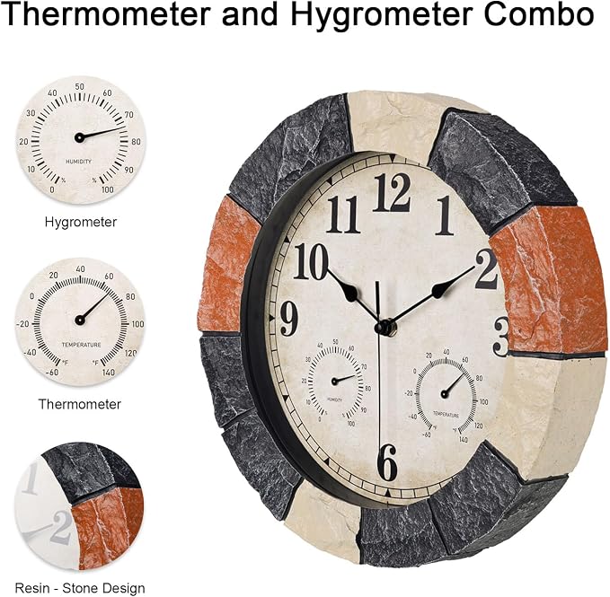 JoFomp 13 Inch Resin Faux-Stone Outdoor Clocks Waterproof with Thermometer and Hygrometer Combo, Large Outdoor Clocks for Patio, Outdoor Wall Clocks Battery Operated, Outside Clock for Pool/Home