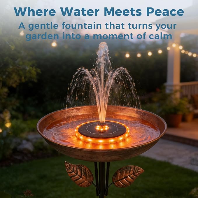 Solar Fountain for Bird Bath with Colorful LED Lights, Floating Solar Fountain Fixed Rods, 3W Solar Powered Water Fountain Pump with Strong Spray & 5 Nozzles for Pond, Pool, 23 LED Lights
