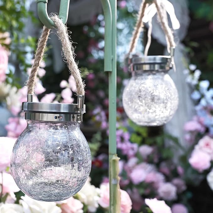 Cooo Christmas Gifts 4 Pack Solar Lanterns Outdoor Waterproof Heavy Crackle Glass 30 LED Warm Firefly Lights Stainless Steel Lid 215% Solar for Women Mom Grandma Outdoor Table Lamps Garden Yard Decor