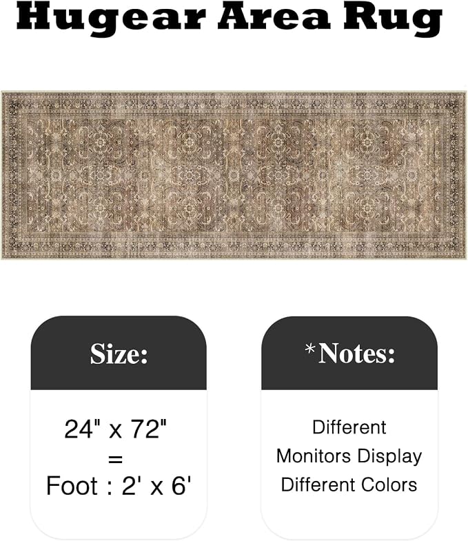 2x6 Brown Vintage Distressed Washable Runner Rug for Hallway | Low Pile, Non Slip, Retro Style, Soft Distressed Hallway Runner Rug for Kitchen, Entryway, Laundry Room, Home Decor