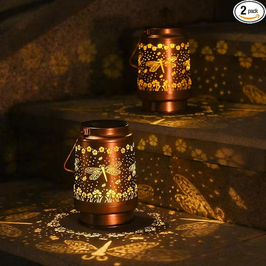 2Pack Solar Lights Dragonfly Solar Lanterns Outdoor Waterproof - Garden Decor Birthday Gifts for Women Mom Grandma Hanging Decoration Outside for Yard, Patio, Backyard, Porch