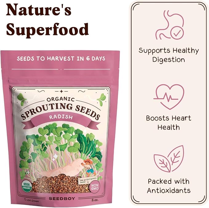 Seedboy Organic Non-GMO Radish Seeds for Sprouting - USA Grown Microgreens Sprouting Seeds - 8 oz Bag Makes 8 Quarts / 32 Servings (Daikon Radish)
