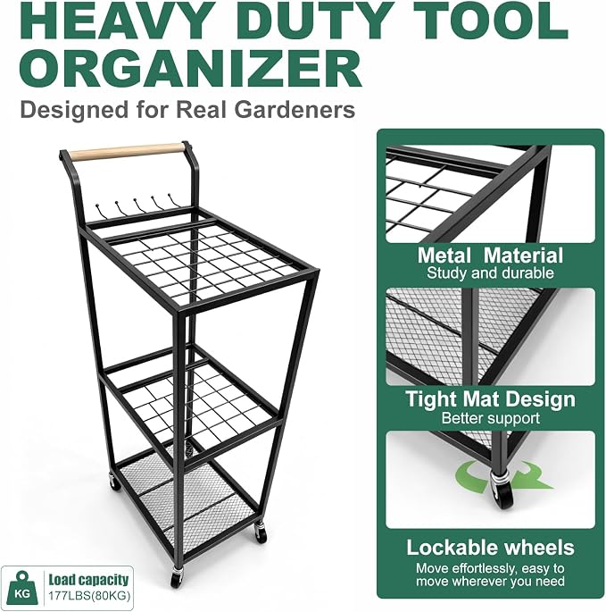 Garden Tool Organizer with Wheels 3 Tier Yard Tool Organizer Rack with Side Storage Pockets Sturdy Metal Steel Holder with 6 Hooks for Garage, Yard, Patio, Shed