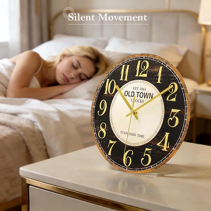 WISKALON Indoor Outdoor Glass Clock 12 Inch Waterproof Retro Vintage French Country Style Wall Clock Battery Operated Silent Non-Ticking for Bathroom Patio Pool Wall Decor Black Gold