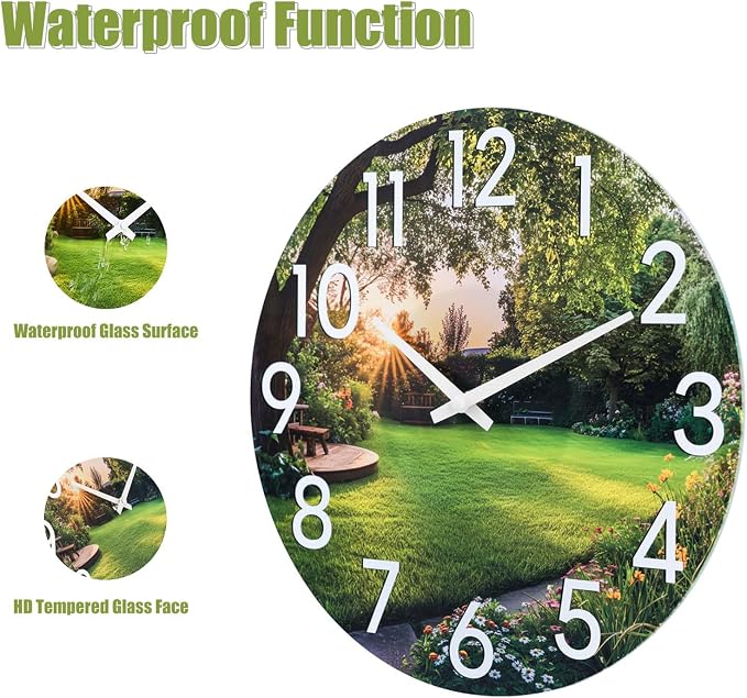 JoFomp Indoor Outdoor Wall Clock Waterproof, 14 Inch Garden Clock with Glass, Large Outdoor Clocks for Patio, Silent Outside Wall Clocks Battery Operated, Weatherproof Outdoor Clock for Pool Area Yard
