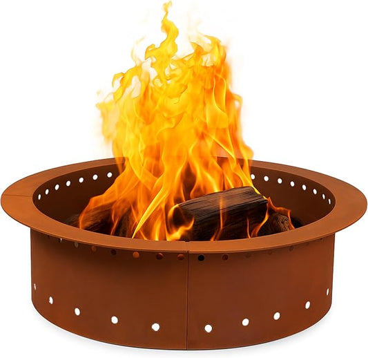 Iron Forge Tools Smokeless Outdoor Fire Pit Ring Insert 36 Inch Round | heavy duty corten steel, permanent fire pit rings, backyard bonfire, smokeless firepit, 30 inch inner ring, pit liner insert
