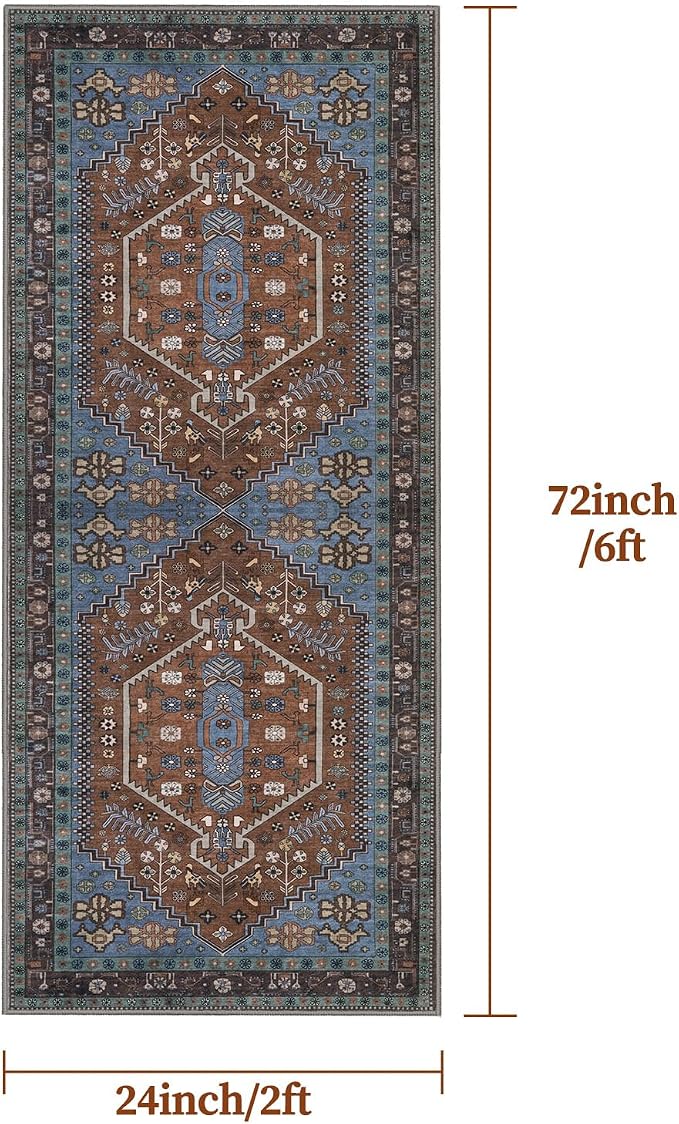 Ciicool Washable Non Slip Runner Rug,2x6ft Vintage Hallway Kitchen Rugs | Soft Oriental Indoor Mat Thin Boho Entry Carpet for Entrance Bedroom Bedside Living Room Laundry Bathroom Decor