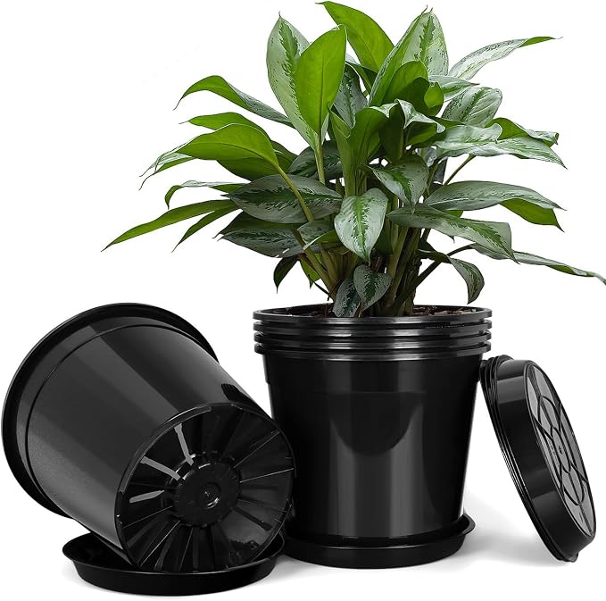 FUIJOL 5 Gallon Plastic Pots with Drip Trays, Sturdy Gallon Plant Pots with Drainage Holes, Large Gallon Pots for Flowers, Ideal for Indoor and Outdoor Use (5Gallon-5PACK)