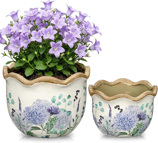 Hollyone 2 Pack Ceramic Planter Blue Vintage Ceramic Pot 5.5 + 6.6inch Decorative Flower Plant Pot with Drainage Hole Crackle Glaze for ndoor Outdoor Tuscan Decor Home Living Room Garden Decor