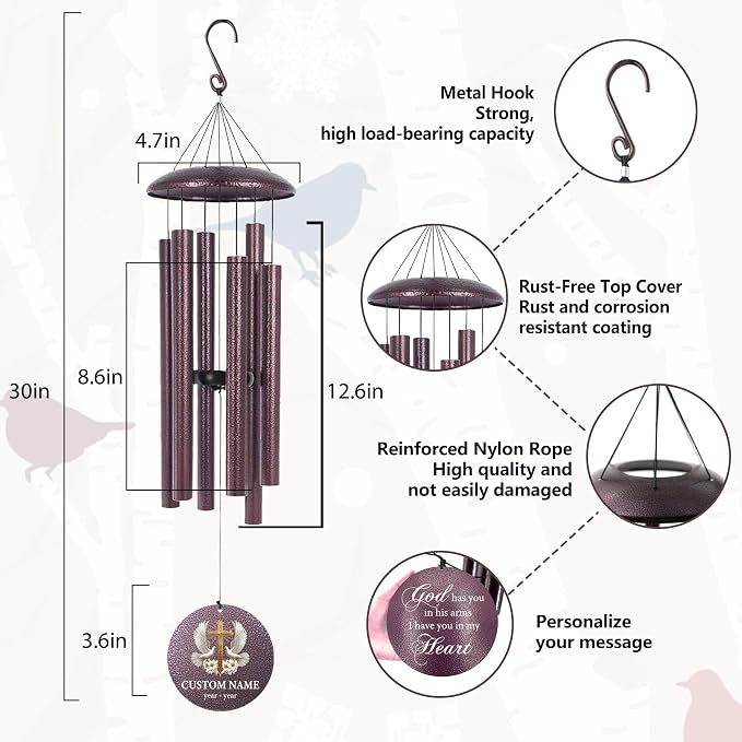 Memorial Wind Chimes Personalized for Outside, Deep Tone Wind Chime Memorial Gifts for Sympathy Bereavement Remember, Gift for Loss of Lover Mother Father Produced in Texas