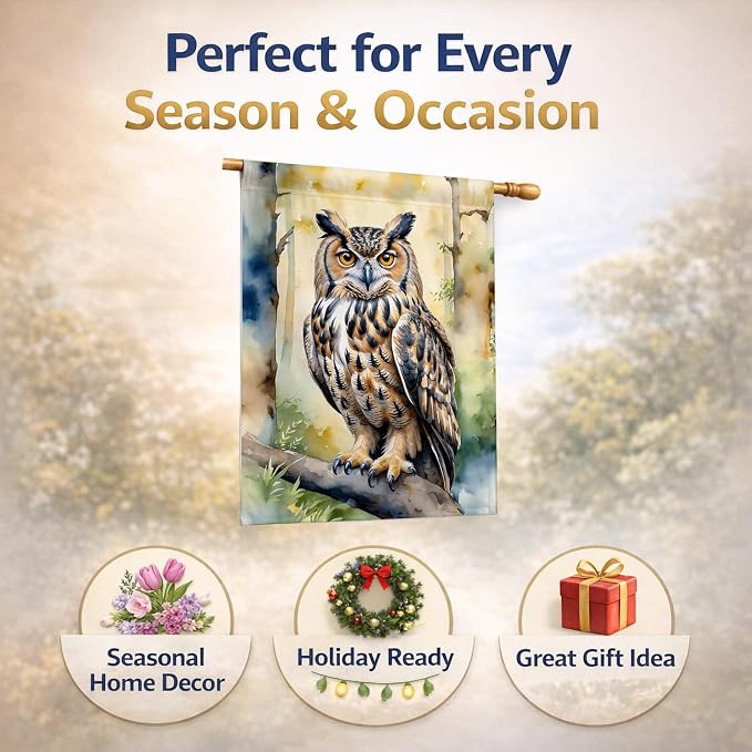 Caroline's Treasures Eurasian Eagle Owl House Flag Large Porch Sleeve Pole Decorative Outside Yard Banner Artwork Wall Hanging, Polyester, House Size, Multicolor