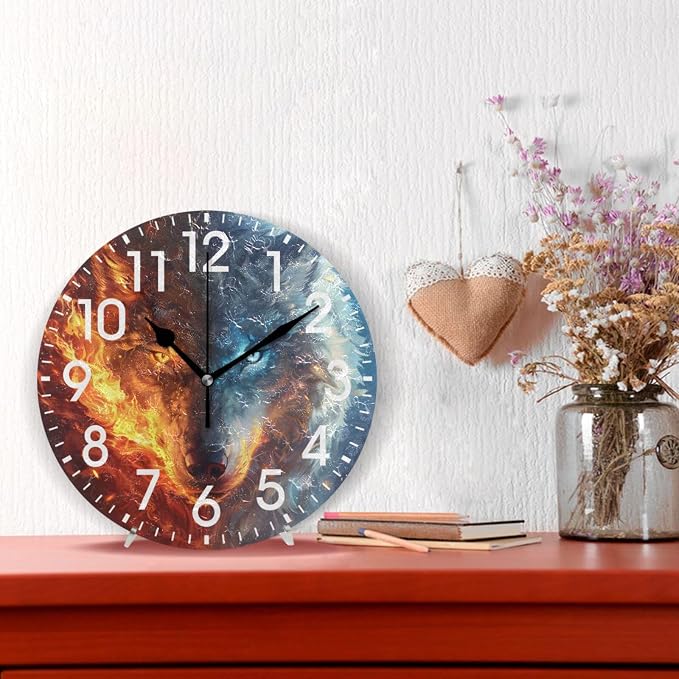 ALAZA Home Decor Fire Eye Wolf Animal Round Acrylic 9.84 Inch Wall Clock Non Ticking Silent Clock Art for Living Room Kitchen Bedroom