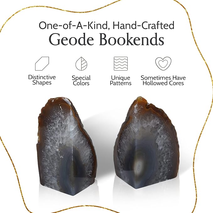 Nature's Decorations Natural Agate Bookends – A+ Grade Geode Heavy Duty Decorative Stone Crystal Book Ends for Shelves & Bookcases, Polished Bookshelf Decor, 1 Pair 4-6Lbs
