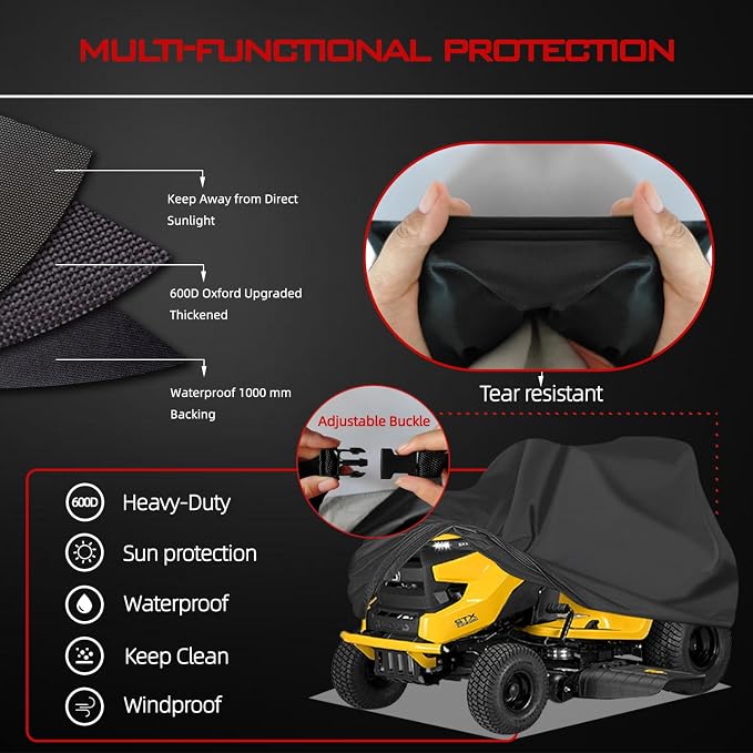 Lawn Mower Cover, Heavy Duty 600D Oxford, Waterproof Outdoor, Weather Resistant, Rip-Proof, Anti-UV, Raing-proof, Sun Block, Heatresistant with 1 Windproof Strap, 1 Storage Bag (Riding)