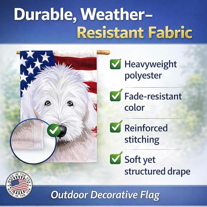 Caroline's Treasures CK6635CHF Old English Sheepdog American Flag House Flag Large Porch Sleeve Pole Decorative Outside Yard Banner Artwork Wall Hanging, Polyester, House Size, Multicolor