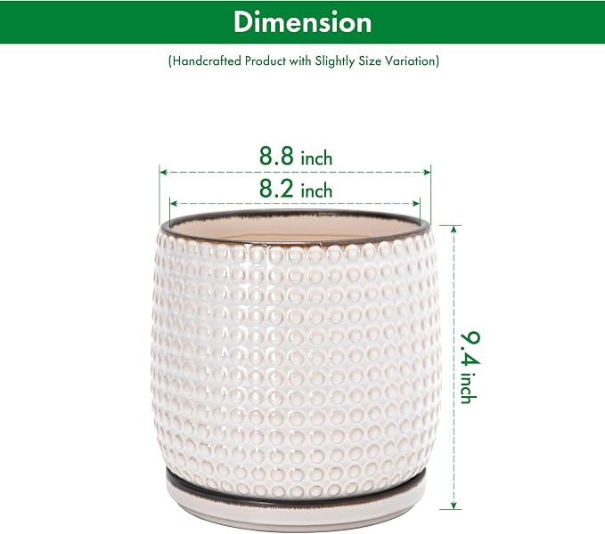 D'vine Dev 8 Inch Ceramic Beaded Stoneware Planter Pot - Flower Pot with Drainage Holes and Saucers for Indoor Succulent Plants or Flowers, Smoked White, 27-C-Q-1