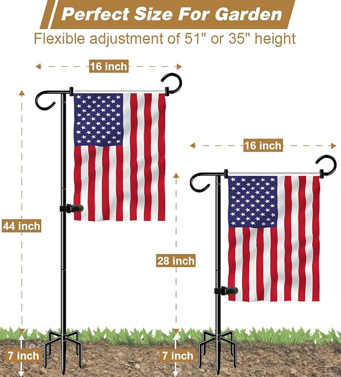 51 Inch Tall Garden Flag Stand Holder with 5 Prong base, Yard Flag Pole Holder for 12x18 Outdoor Small Flag Decor with Two Spring Stoppers and a Tiger clip, 2 Pack