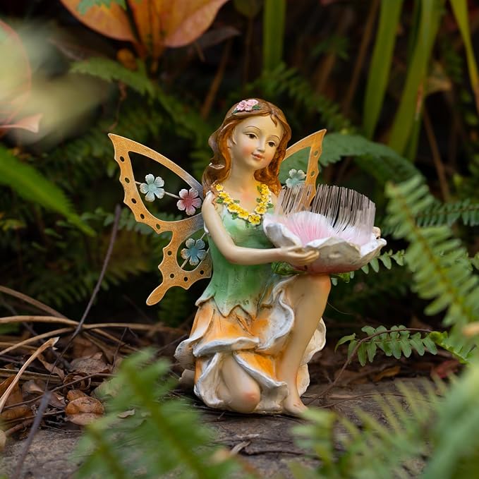 Suyorpe Solar Fairy Garden Statue Lights Outdoor Decor - Fairies Resin Waterproof Change Light Figurine for Patio Backyard Yard Lawn Decoration,Gift for Mom Grandma Wife