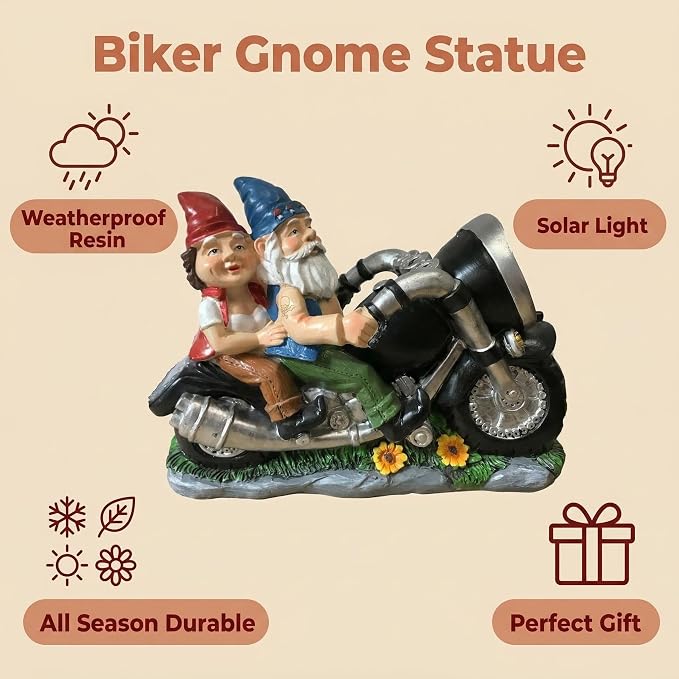 Motorcycle Gnome Couple Solar Light Outdoor Garden Statue Decor | 11 inch Resin Biker Pair Weatherproof LED Powered Yard Patio Lawn Porch Deck Funny Anniversary Birthday Gift Idea for Him