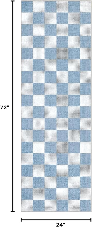 GarveeHome Checkered Blue 2x6 Washable Kitchen Runner Rug Low-Pile Entryway | Light Blue Small Area Rug for Hallway Bedroom Bathroom Non-Slip Stain Resistant Geometric Rugs TPE Backing